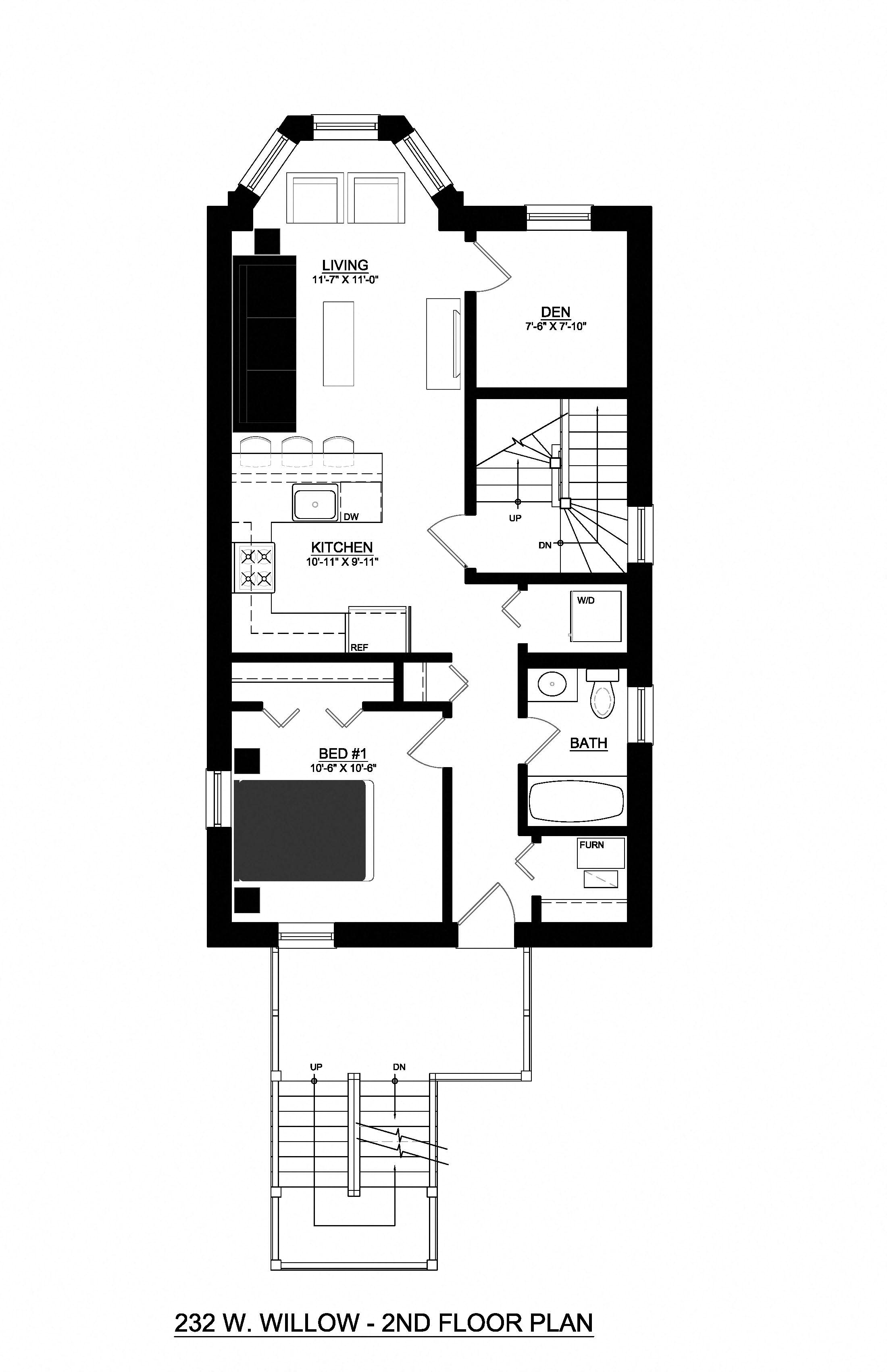Floor plan for 1 bed, 1 bath, 800 sqft